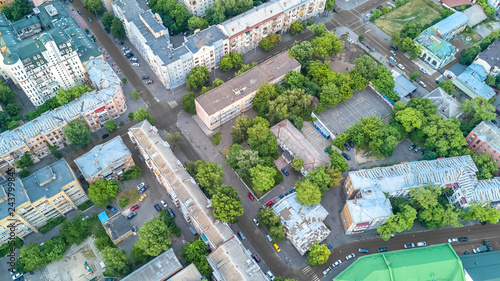 Aerial top view of Kyiv cityscape, Podol historical district skyline from above, city of Kiev, Ukraine 
