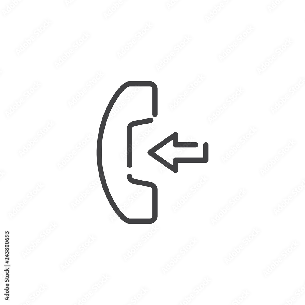 Incoming Phone call line icon. linear style sign for mobile concept and web design. Telephone handset and arrow in outline vector icon. Symbol, logo illustration. Pixel perfect vector graphics Incoming Phone call line icon. linear style sign for mobile concept and web design. Telephone handset and arrow in outline vector icon. Symbol, logo illustration. Pixel perfect vector graphics