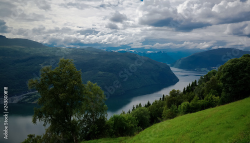 Landscape panoramic view to innvikfjorden  innvik and utvik village  Norway
