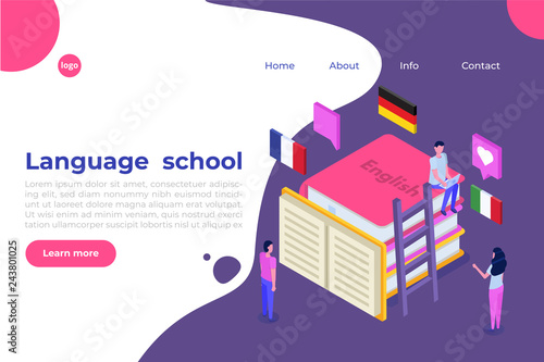 Language school, online learning. translator isometric vector illustration. Use for web pages, hero images, infographics.