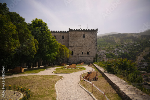 Panoramic view to Gjirokastra castle with the wall, Gjirokaster, Albania