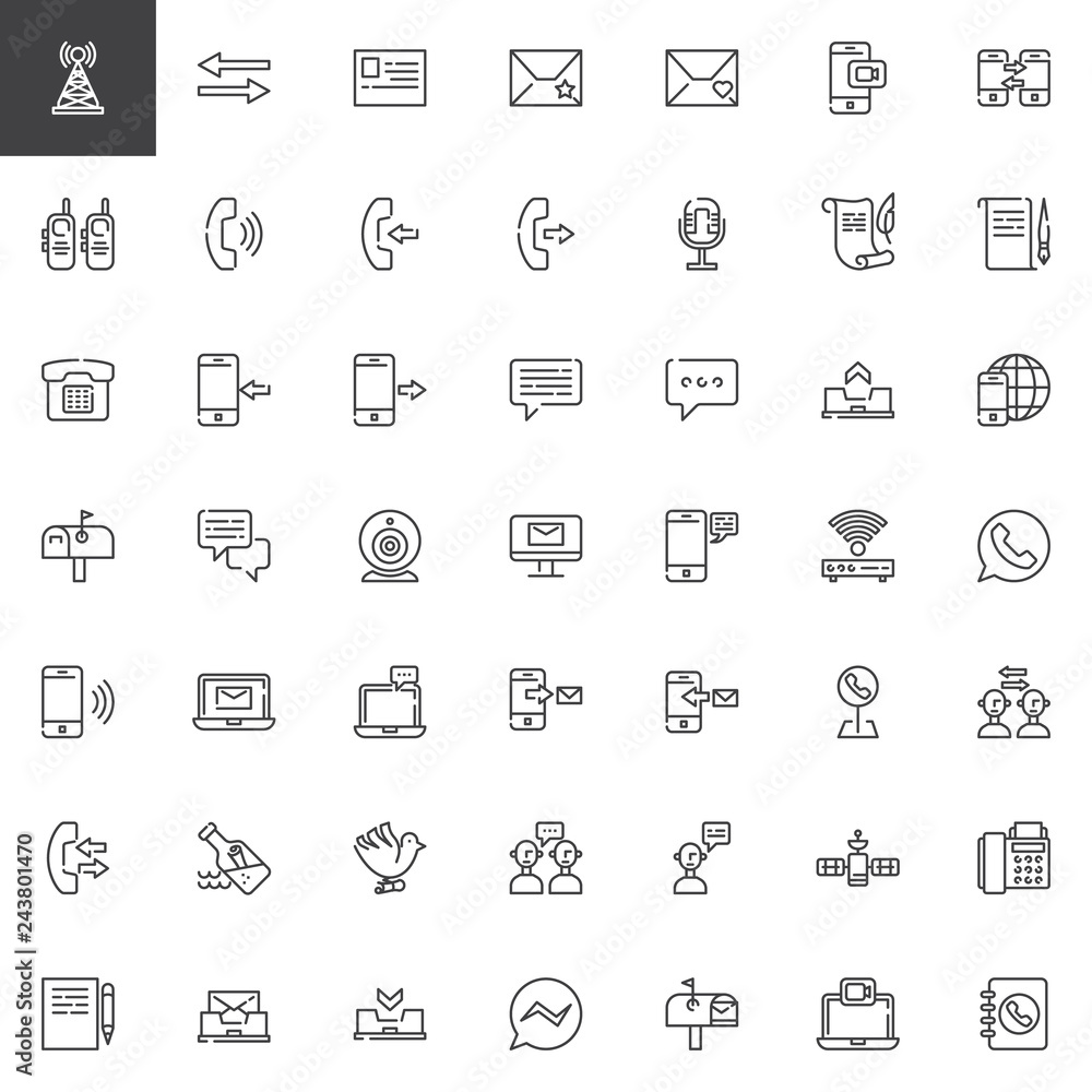 Communication elements line icons set. linear style symbols collection, outline signs vector graphics. Set includes icons as Antenna, email, phone call, telephone, smartphone, chat message, video call