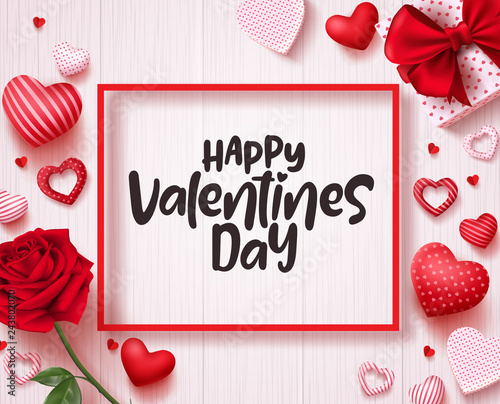 Happy valentines day vector banner design with hearts, rose and text in white wood texture background. Vector illustration.