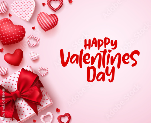 Valentines day vector background template. Happy valentines day greeting text in empty white space with red hearts and gift elements and decoration. Vector illustration.