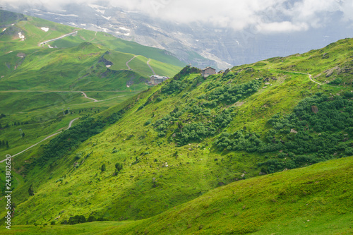 Fototapeta Naklejka Na Ścianę i Meble -  Alpine peaks landskape background. Jungfrau, Bernese highland. Alps, tourism, journey, hiking concept.