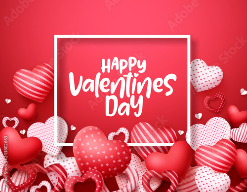 Valentines day vector hearts background. Happy valentines day greeting text in a frame with hearts shape elements and decorations in red background. Vector illustration.