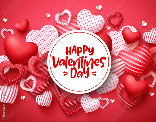 Valentines day vector hearts background template. Happy valentines day greeting text in white space with hearts shape elements and decorations in red background. Vector illustration.