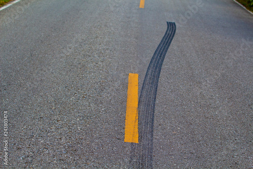 Tire marks on the road, sudden stops, road accidents, burn marks