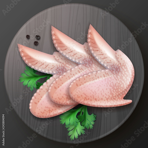 Vector illustration of three raw chicken wings with peppercorns and parsley close up on wooden black cutting board on table, top view