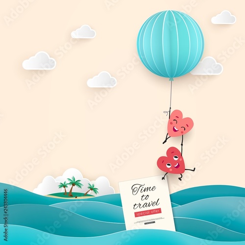 Honeymoon trip sea, Time to travel, pair of lovers hearts waves balloon, Paper cut vector