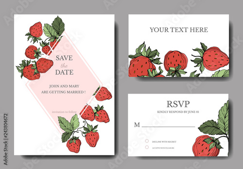 Vector Strawberry fruits. Green leaf. Engraved ink art. Wedding background card floral decorative border.