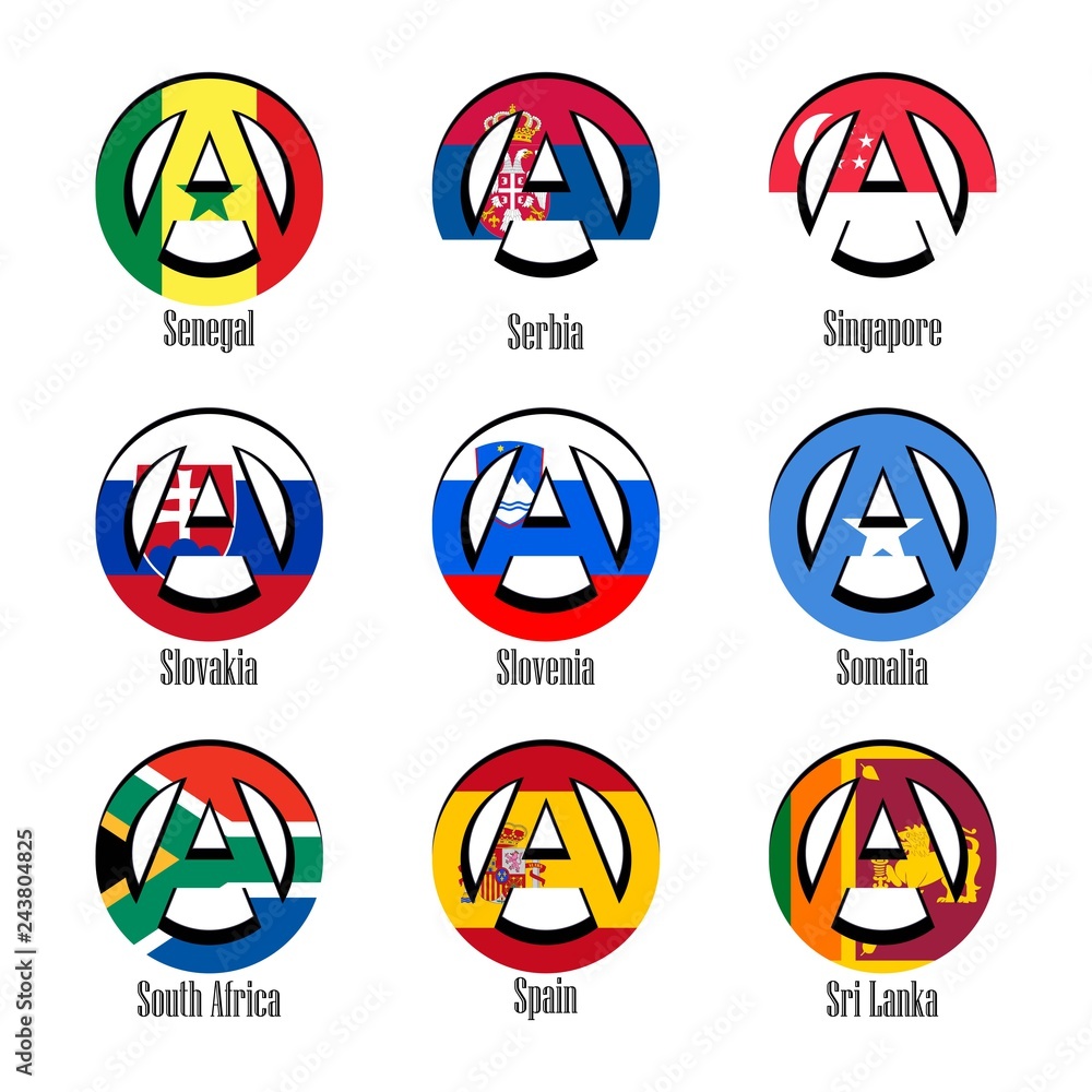 Flags of different countries of the world in the form of a sign of anarchy