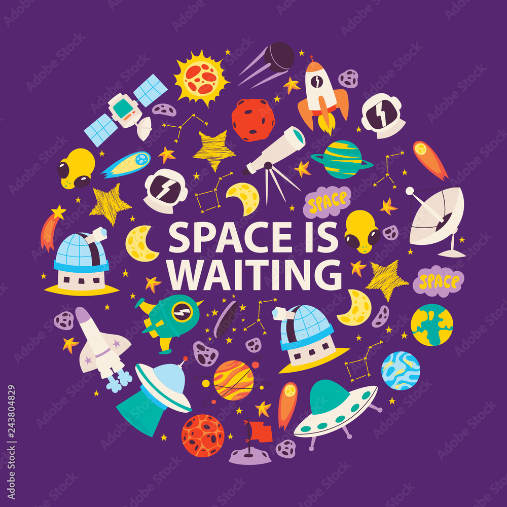 Space objects and planets. Space is waiting poster, banner. Cartoon patches background. Exploring universe vector illustration. Monster alien and ufo spaceship.