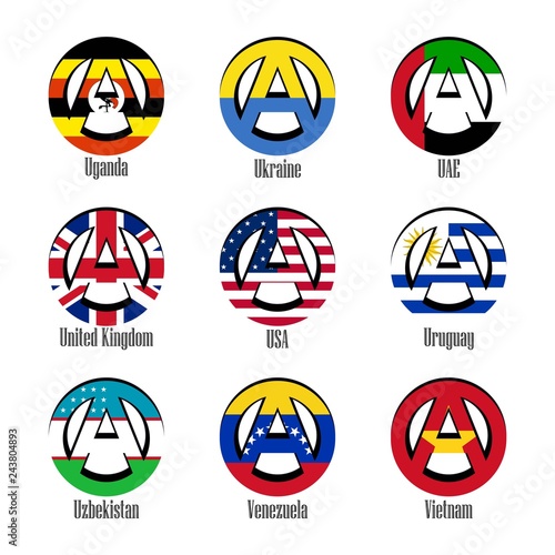 Flags of different countries of the world in the form of a sign of anarchy