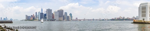 Panorama photo from Governors Island with a stunning view of Jersey City  Manhattan  Brooklyn Bridge and Brooklyn Heights  New York  United States
