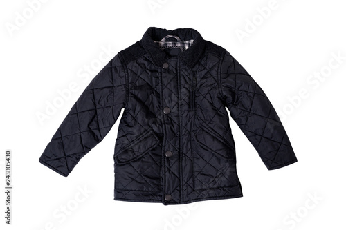 Black kids quilted jacket flat lay. Fashion concept. Isolate on white background.