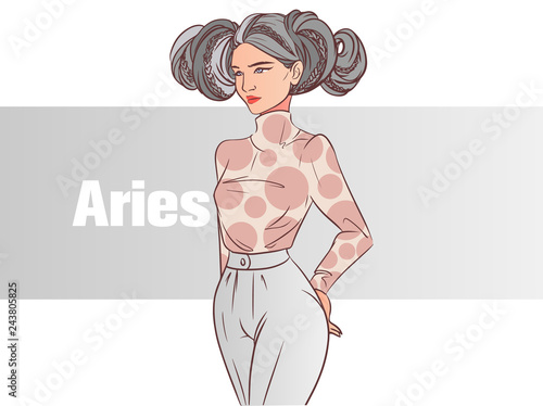 Zodiac sign Aries. Beautiful girl with red lips against the planet Venus. Zodiac constellation 