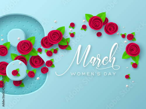 8 March greeting card for International Womens Day. 3d paper cut number 8 with roses and leaves, turquoise background. Vector illustration.