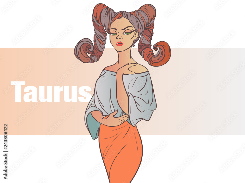 Zodiac sign Taurus. Beautiful girl with with two pigtails. Zodiac constellation. Template for banner website. Zodiac sign Taurus. Beautiful girl with with two pigtails. Zodiac constellation. Template for banner website.