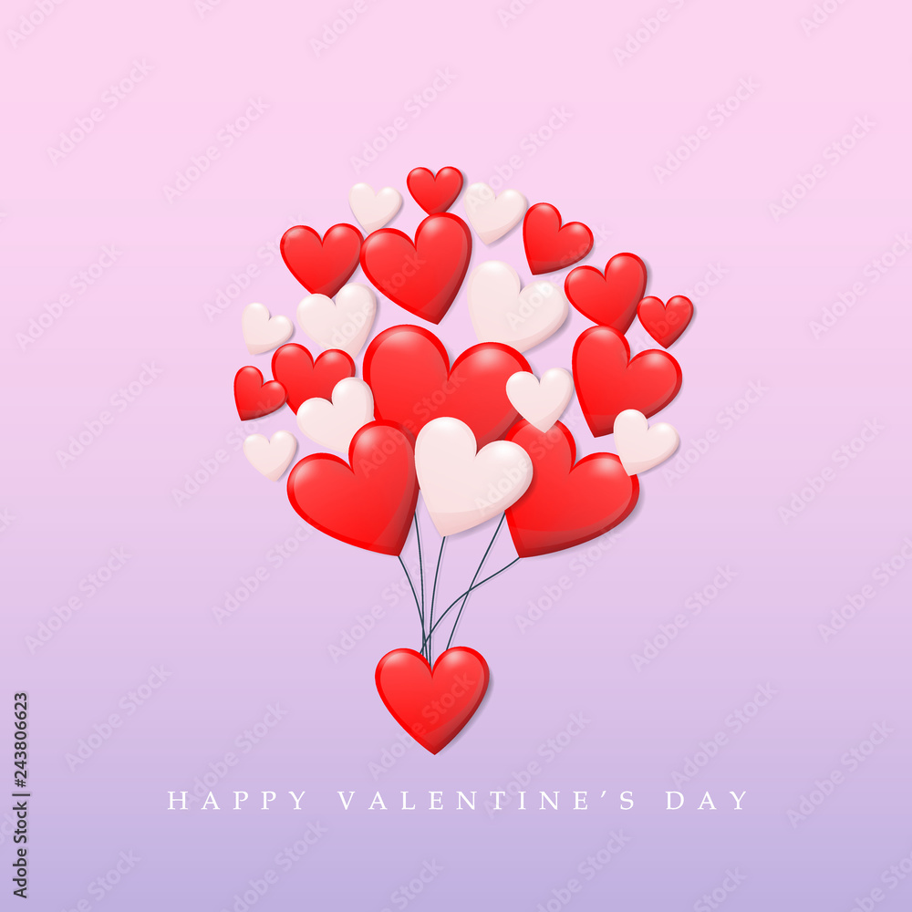 happy valentine's day concept. group of heart in red and white color floating as balloon up to the sky with text happy valentines day. creative vector greeting card design