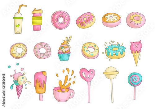 Cute funny Girl teenager colored icon set, fashion cute teen and princess icons. Magic fun cute girls objects - cocktail, donuts, cupcakes, cup, ice cream and lollipops hand draw teens icon collection