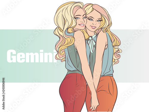 Zodiac sign Gemini. Beautiful girl with with curls. Zodiac constellation. Template for banner website.
