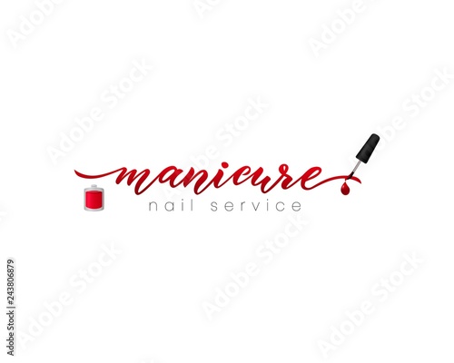 Hand lettering Manicure. Nail service. Red nail polish. Vector photo