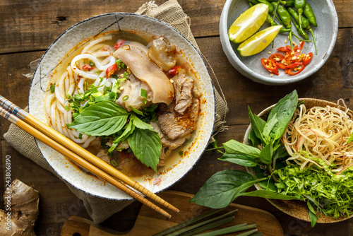 Bun Bo Hue, Bun Bo, Vietnamese beef noodle soup spicy. A bowl of beef & rice vermicelli soup, vietnamese noodle cuisine in Hue, Vietnam.