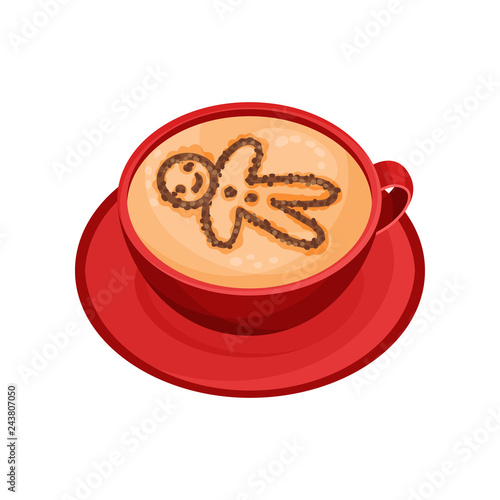 Cup of coffee with drawing of gingerbread man of cinnamon powder. Red mug of aromatic cappuccino Flat vector icon