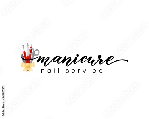 Hand lettering Manicure. Nail service. Tools. Vector