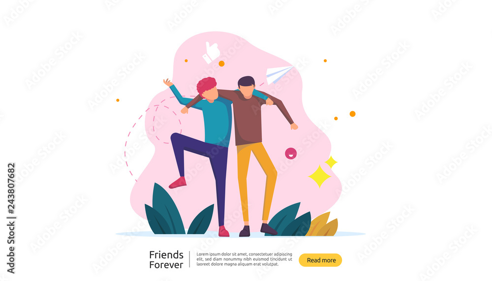 Obraz premium best friends forever concept for celebrating happy friendship day event. vector illustration of social relationship with people character. web landing template, banner, and print media