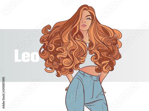 Zodiac sign Leo. Beautiful girl with with curls. Zodiac constellation. Template for banner website.