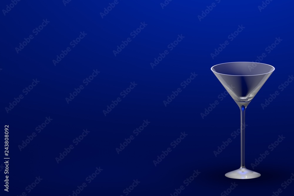 3D illustration of martini glass on blue - mockup with place for your text - drinking glass render 3D illustration of martini glass on blue - mockup with place for your text - drinking glass render