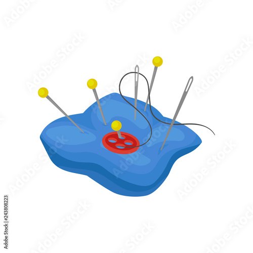 Bright blue pillow with needles, pins and red button. Sewing theme. Flat vector for poster of tailoring atelier