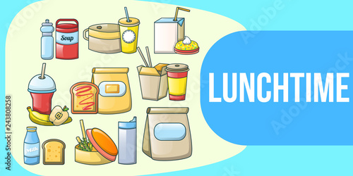 Lunchtime concept banner. Cartoon banner of lunchtime vector concept for web, giftcard and postcard