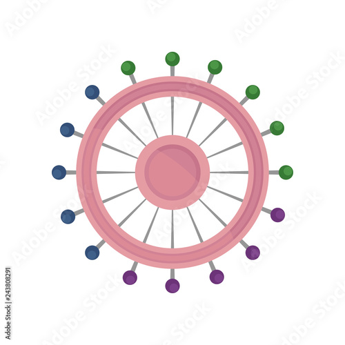 Sewing pins with colorful heads in round plastic wheel. Dressmaking tools. Flat vector design