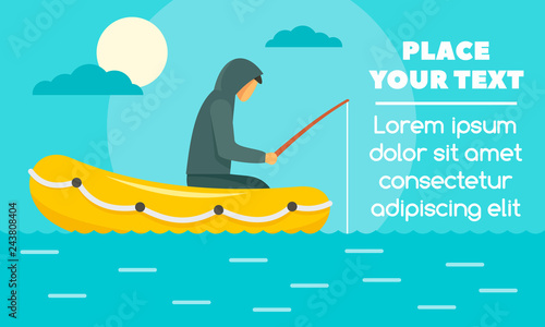 Man fishing in rubber boat concept banner. Flat illustration of man fishing in rubber boat vector concept banner for web design