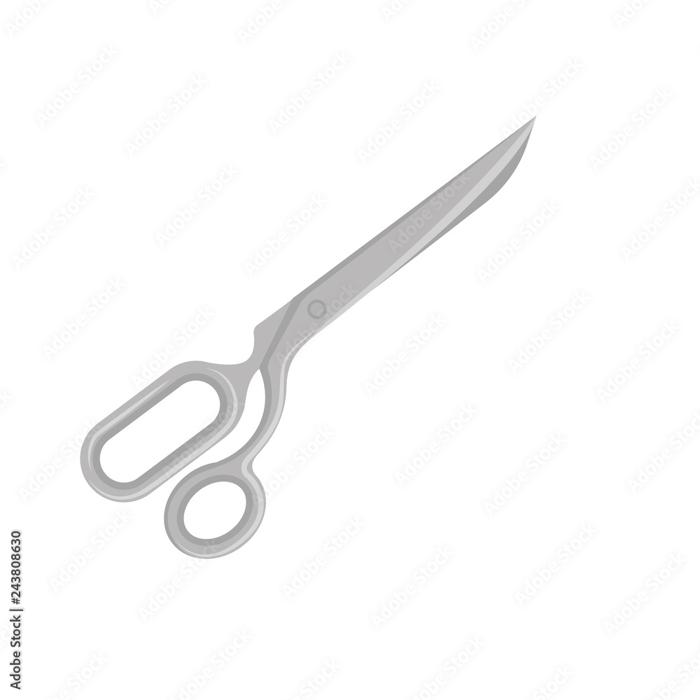 Flat vector icon of metal scissors. Dressmaker shears with long blades. Tool for sewing. Cutting instrument Flat vector icon of metal scissors. Dressmaker shears with long blades. Tool for sewing. Cutting instrument