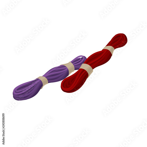 Two skeins of embroidery thread. Material for cross stitch. Needlework theme. Flat vector design