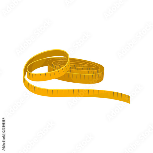 Yellow sewing tape measure. Instrument for measuring length. Flat vector for promo poster of tailoring atelier