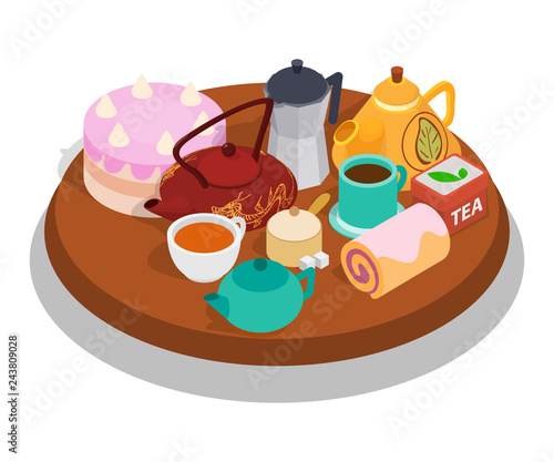 Tea day concept banner. Isometric banner of tea day vector concept for web, giftcard and postcard