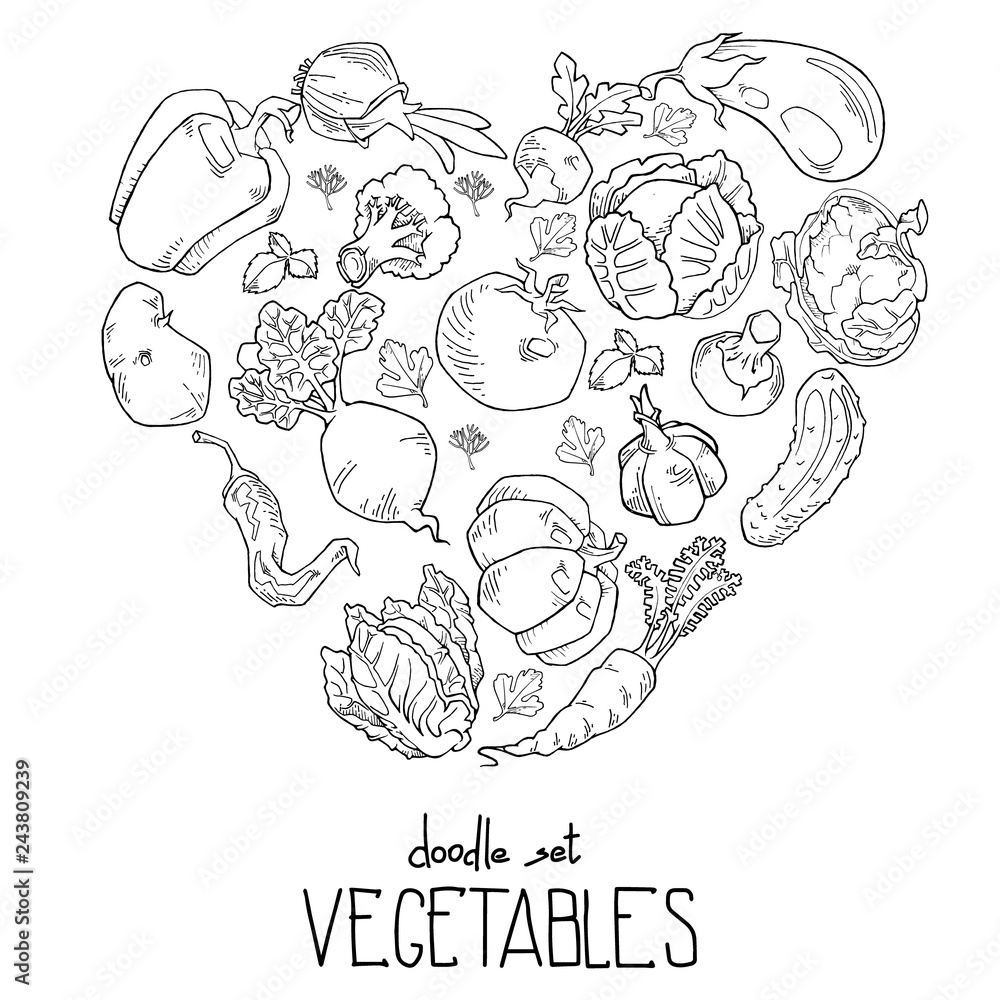 Heart shape of fresh vegetables. Vector graphics