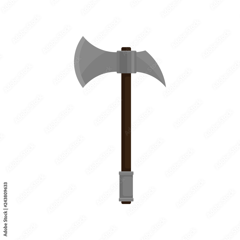 Battle axe with sharp steel blade and wooden grip. Medieval weapon. Flat vector design Battle axe with sharp steel blade and wooden grip. Medieval weapon. Flat vector design