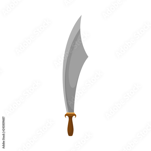 Old saber with large sharp blase and wooden handle. Steel sword. Dangerous pirate weapon. Flat vector icon