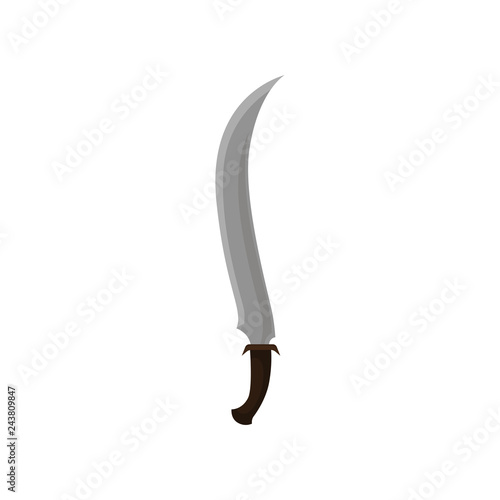 Dagger with curved blade and wooden handle. Medieval iron saber. Old cold weapon. Flat vector design