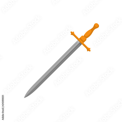 Flat vector icon of sword with long sharp blade and golden grip. Fighting weapon of medieval warrior