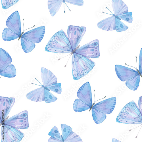Seamless pattern with blue watercolor butterflies on white background. © maritime_m