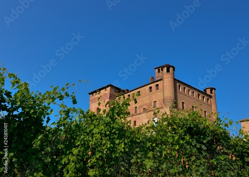 Grinzane Cavour, Piedmont, Italy. July 2018. The majestic castle made of red bricks.