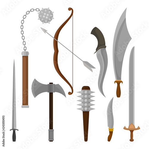 Flat vector set of medieval weapon. Viking battle axe and maces, bow with arrow, knight swords