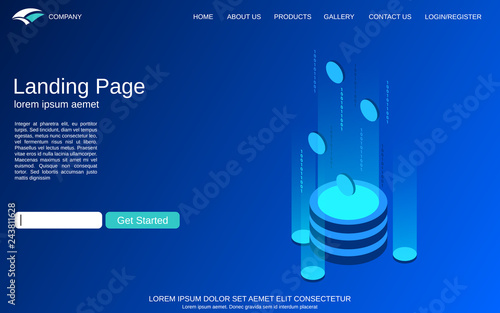 Website landing page vector template. Blue background with digital technology isometric comcept illustration